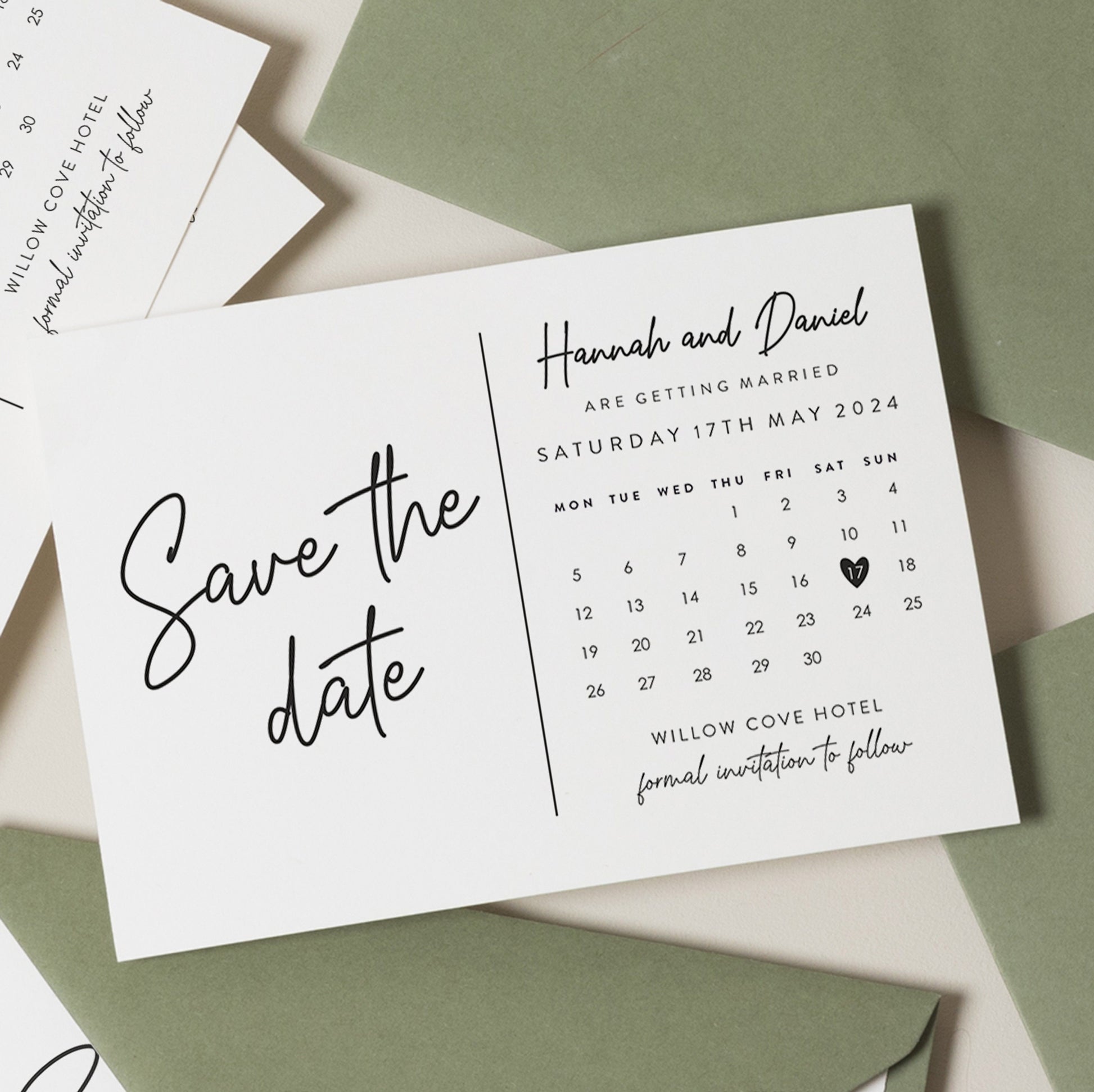 Calendar Save The Date Cards, Modern Wedding Save The Date Postcard With Envelopes, Personalised Save Our Date Wedding Calendar Card