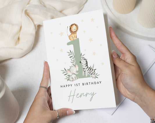 Personalised 1st Birthday Card, First Birthday Card, Safari Birthday Card, Jungle Animal Birthday Card for Boy or Girl, Cute Kids Card