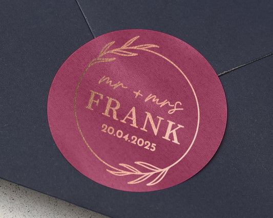 Personalised Wedding Sticker, Mr And Mrs Wedding Label, Custom Foil Envelope Seal, Rose Gold Wedding Sticker, Name And Date Sticker