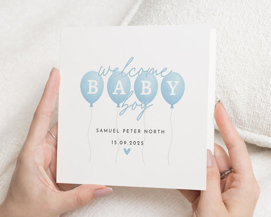 Welcome Baby Boy Card, Personalised New Baby Card, Baby Boy Balloon Card, Custom Baby Name Card, New Baby Gift, Baby Boy Card