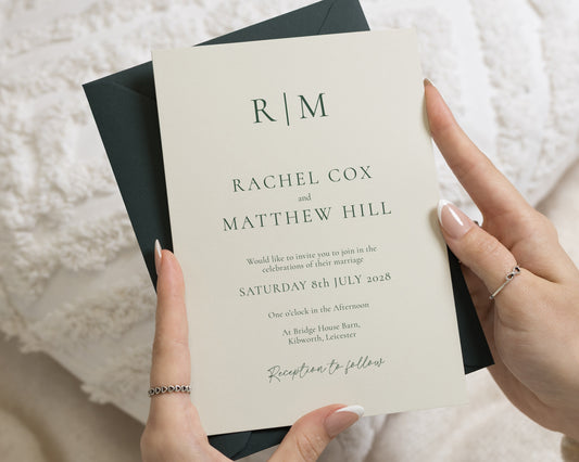 Neutral Green Wedding Invitations with Dark Green Envelopes, Minimalist Monogram Wedding Invites, Elegant Typography Invitation Suite