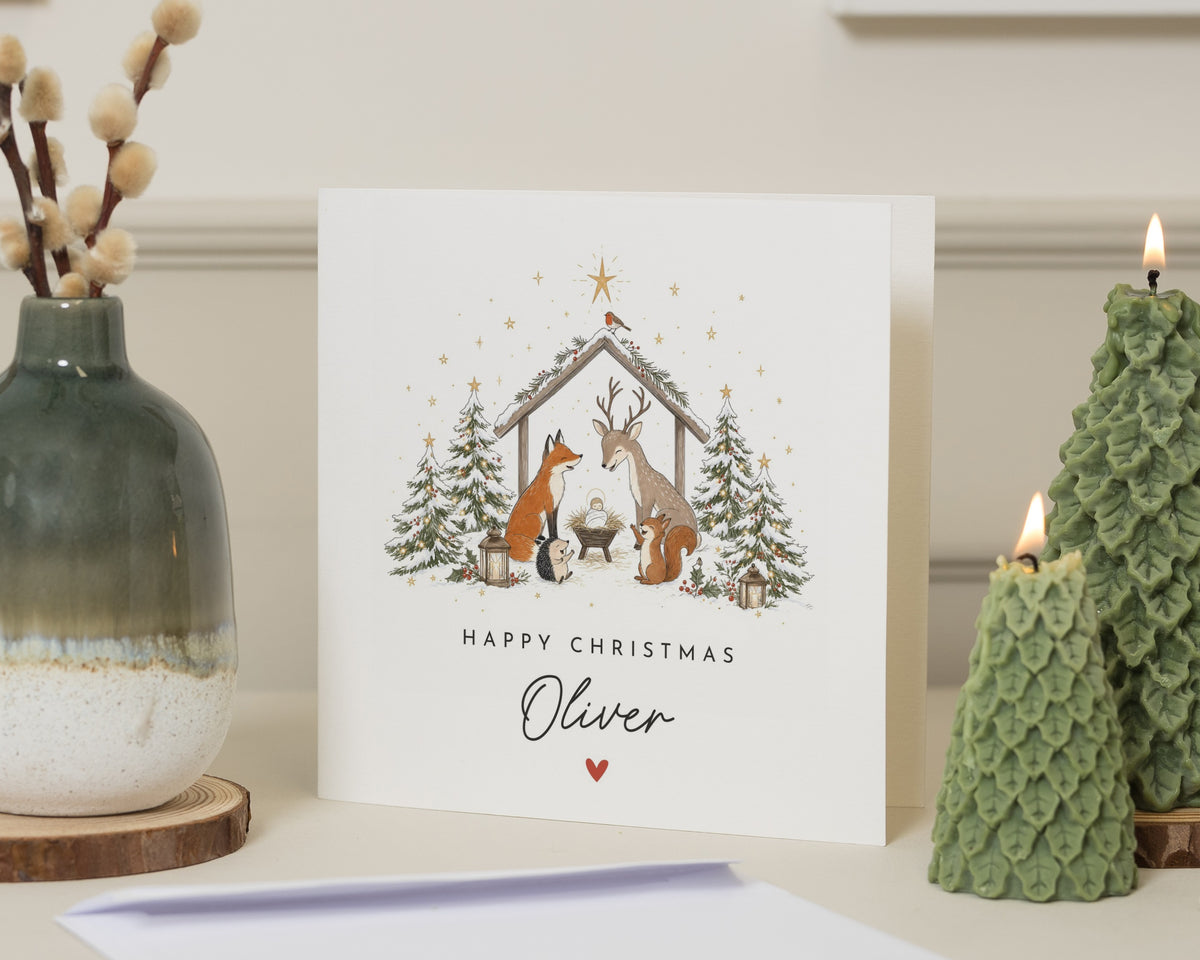 Personalised Christmas Card for Child, Kids Christmas Card, Baby Christmas Card, Woodland Animal Xmas Card for Son Daughter