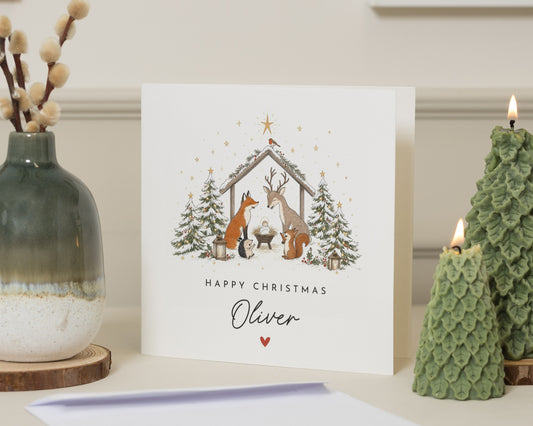 Personalised Christmas Card for Child, Kids Christmas Card, Baby Christmas Card, Woodland Animal Xmas Card for Son Daughter