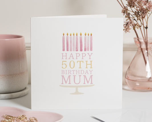 50th Birthday Card for Mum, Mum Birthday Card, Birthday Card for Her, Pink Candle Birthday Card, Simple Birthday Card for Women