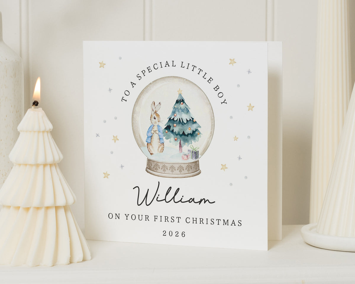 Personalised First Christmas Card, 1st Christmas Card for Boy, Baby Boy Christmas Card, Son Grandson Nephew, Bunny Christmas Card