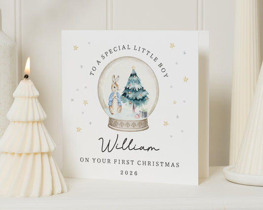 Personalised First Christmas Card, 1st Christmas Card for Boy, Baby Boy Christmas Card, Son Grandson Nephew, Bunny Christmas Card