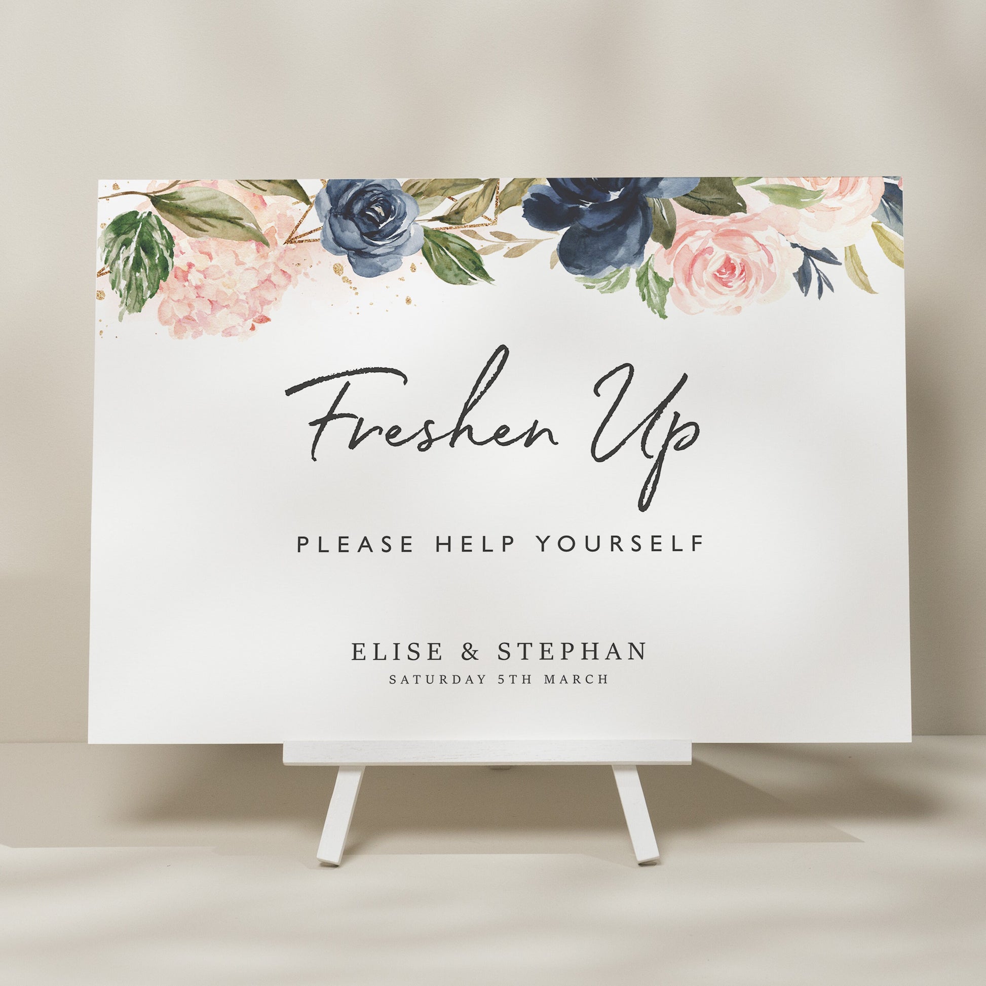 Floral Wedding Sign, Freshen Up Wedding Sign, Blush Pink And Navy Wedding Sign, Wedding Bathroom Sign, Modern Wedding Signage &#39;Elise&#39;