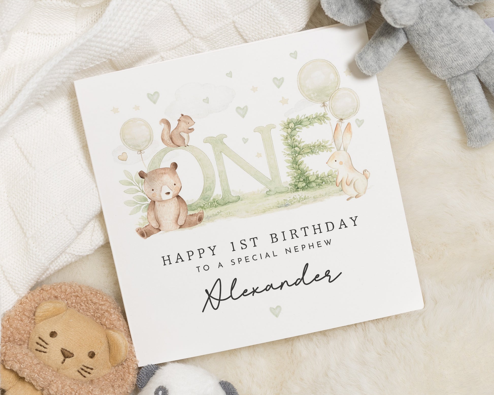 1st Birthday Card for Nephew, Personalised First Birthday Card, Animal Birthday Card, Cute 1st Birthday Card for Boy, Woodland Birthday Card