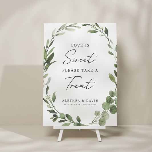 Botanical Wedding Sweet Table Sign, Eucalyptus Sign, Sweet Station Wedding Sign, Sweet Sign For Wedding, Simple Design &#39;Alethea&#39;