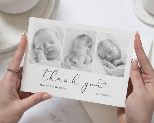 Black & White Photo Folded Thank You Cards, New Baby Photo Thankyou Cards, Baby Personalised Thank You Card, New Baby Boy Announcement Cards