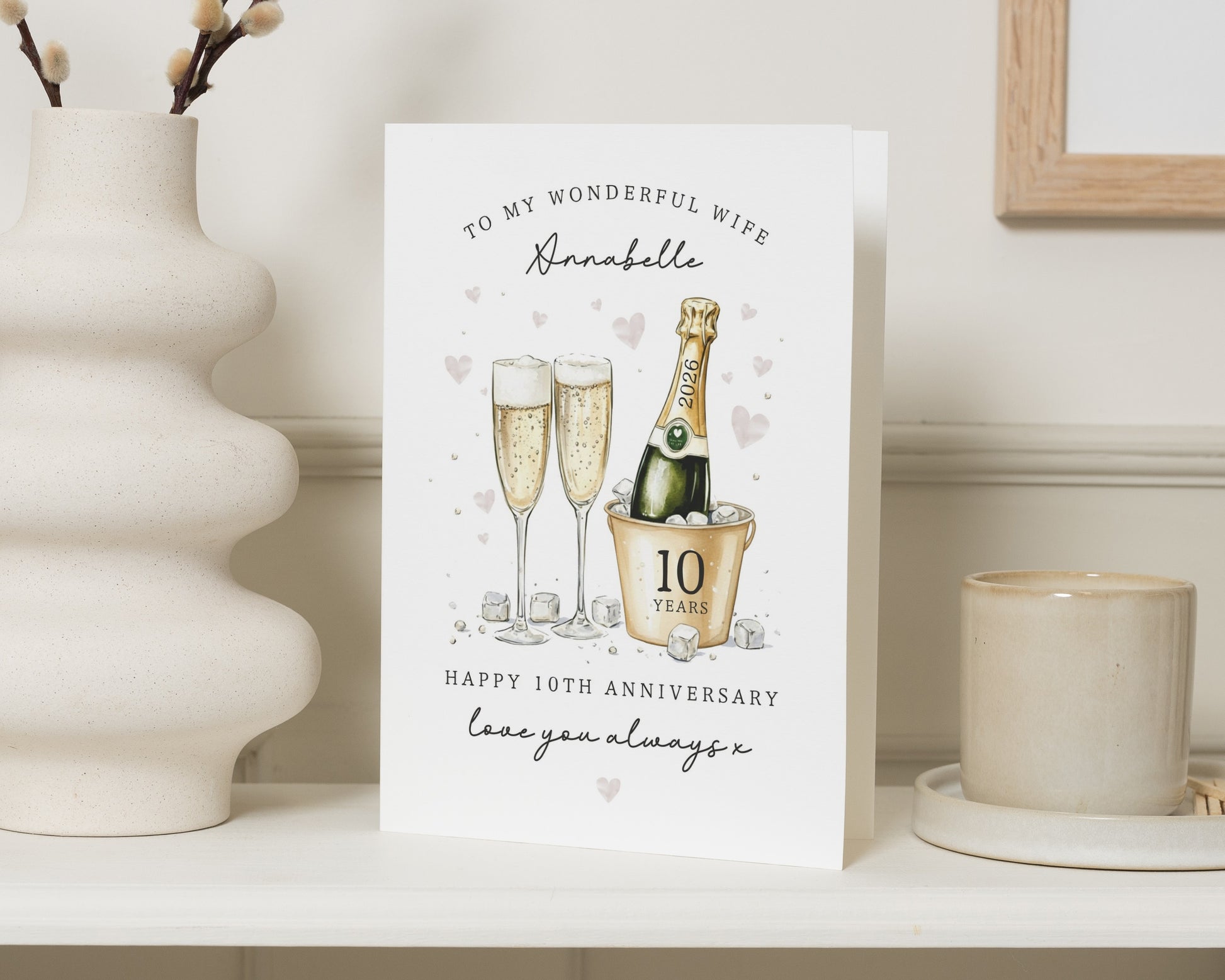 Anniversary Card for Wife, 10th Anniversary Card, Personalised Anniversary Card, 10 Years Wedding Anniversary Card, Champagne Card
