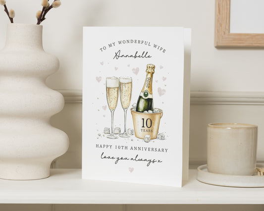 Anniversary Card for Wife, 10th Anniversary Card, Personalised Anniversary Card, 10 Years Wedding Anniversary Card, Champagne Card