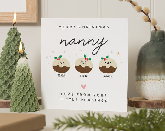 Christmas Card for Nanny, Personalised Christmas Card, Cute Christmas Card for Grandma, Little Puddings Card, Family Christmas Card
