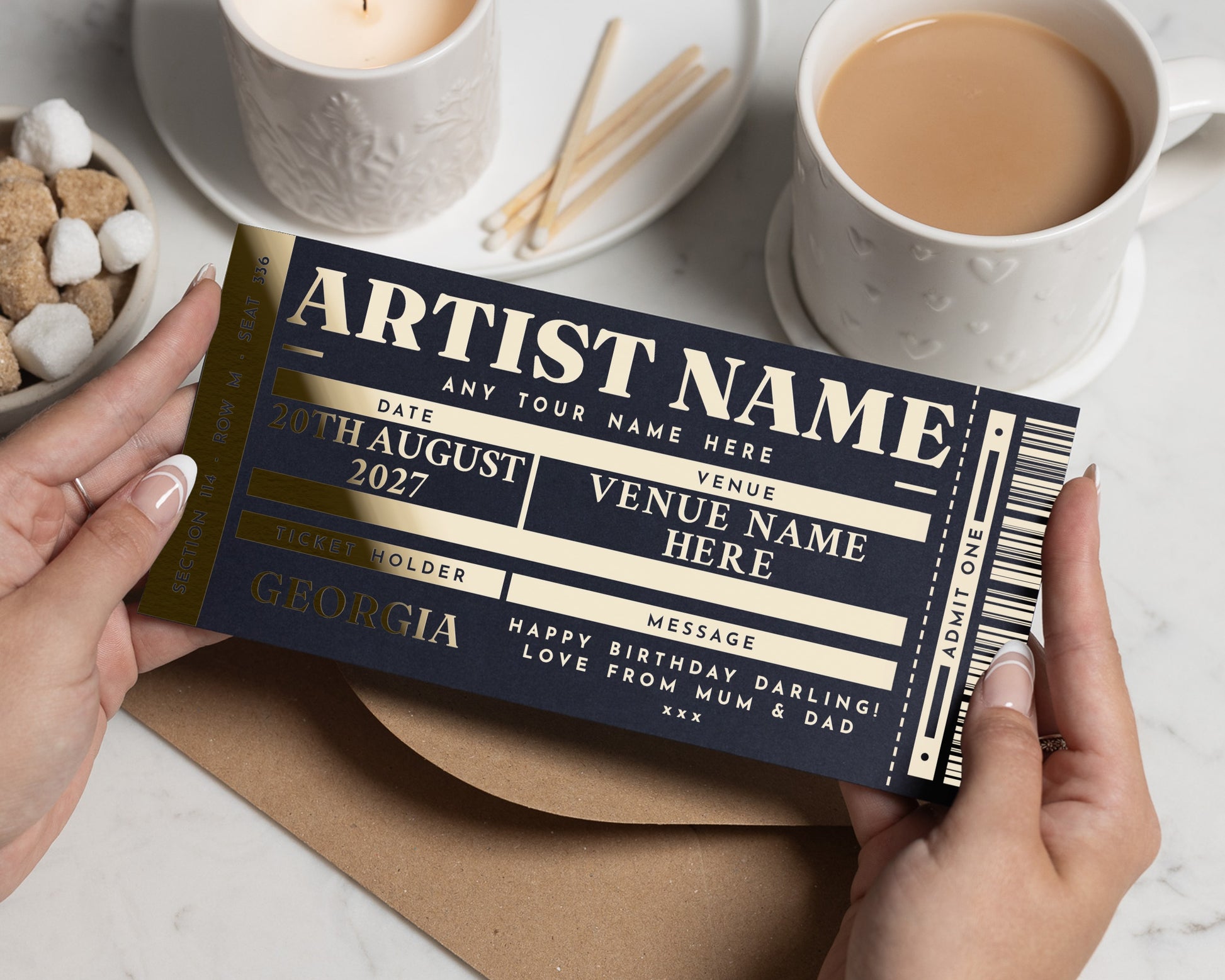 Personalised Concert Ticket Gift, Custom Music Gift Voucher, Birthday Gift For Her, Gold Foil Ticket, Scratch To Reveal