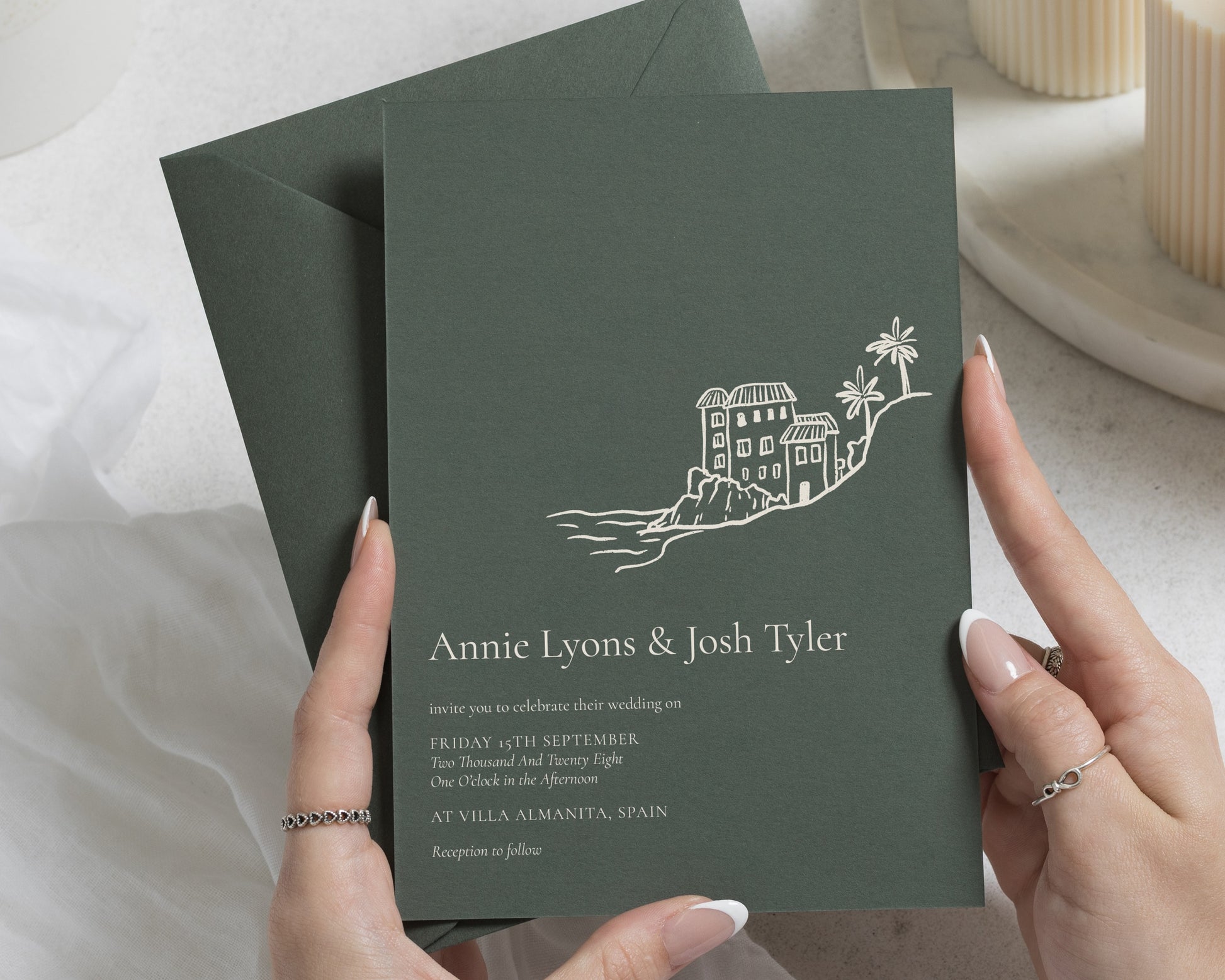 Olive Green Wedding Invitations, Destination Wedding Invites, Mediterranean Coastal Wedding Stationery, Personalised Invitation Suite
