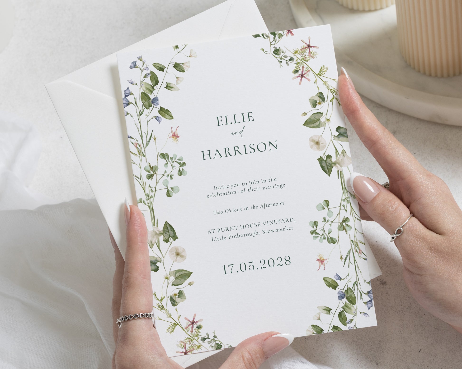 Wildflower Wedding Invitations, Botanical Greenery Wedding Invite, Watercolour Floral Personalised Invitation Suite, Garden Wedding