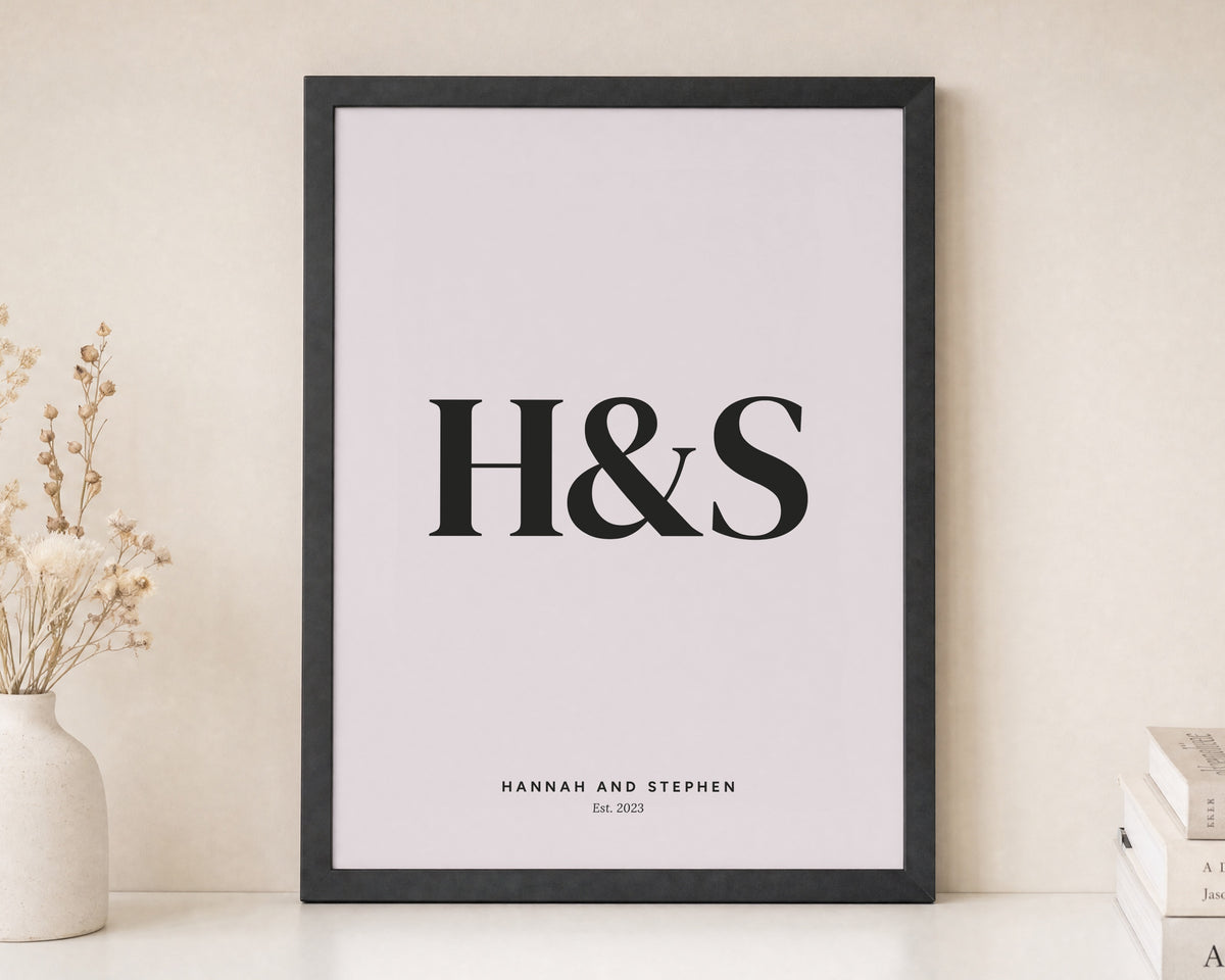 Personalised Couple Initials Print, Pale Pink Wall Art, Wedding Gift, Anniversary Gift, Romantic Bedroom Framed Print