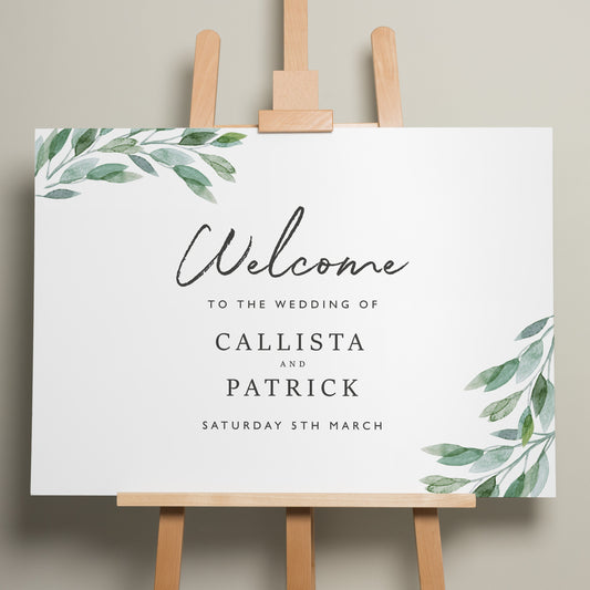 Wedding Welcome Sign, A1 Wedding Sign, Botanical Wedding Signage, Personalised Greenery Welcome Sign, Minimalist Wedding Design &#39;Callista&#39;