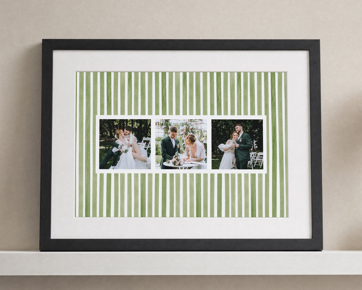 Personalised Wedding Photo Print, Custom Photo Collage, Green Striped Wall Art, Anniversary Gift for Couple, Landscape Framed Print