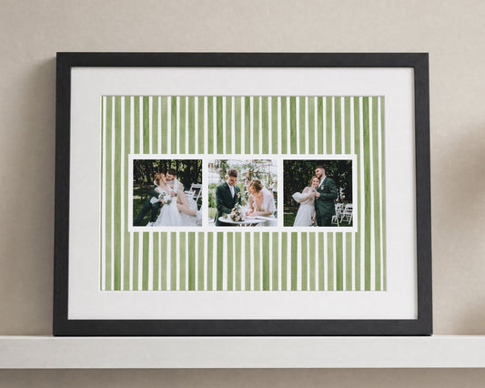 Personalised Wedding Photo Print, Custom Photo Collage, Green Striped Wall Art, Anniversary Gift for Couple, Landscape Framed Print