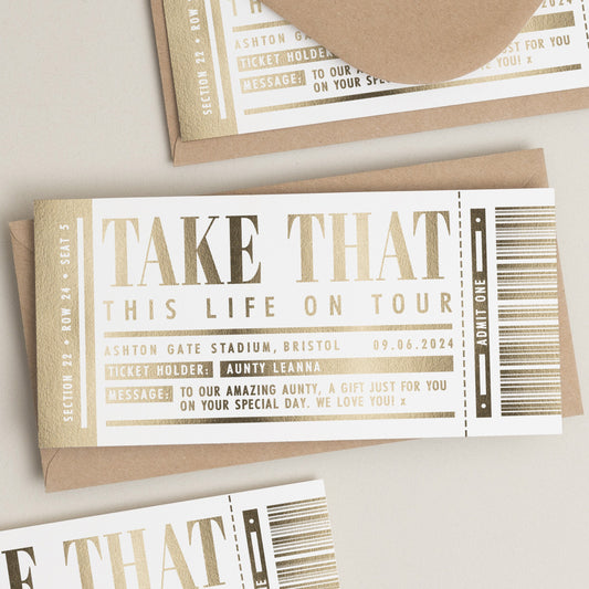 Personalised Gold Foil Gift Voucher, Take That Gig Ticket Gift Voucher, Foiled Concert Reveal, Take That Surprise Gig Ticket