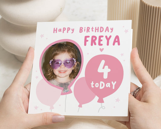 Personalised 4th Birthday Card for Girl, Photo Birthday Card, Daughter Birthday Card, Granddaughter Birthday Card, Pink Balloon Card