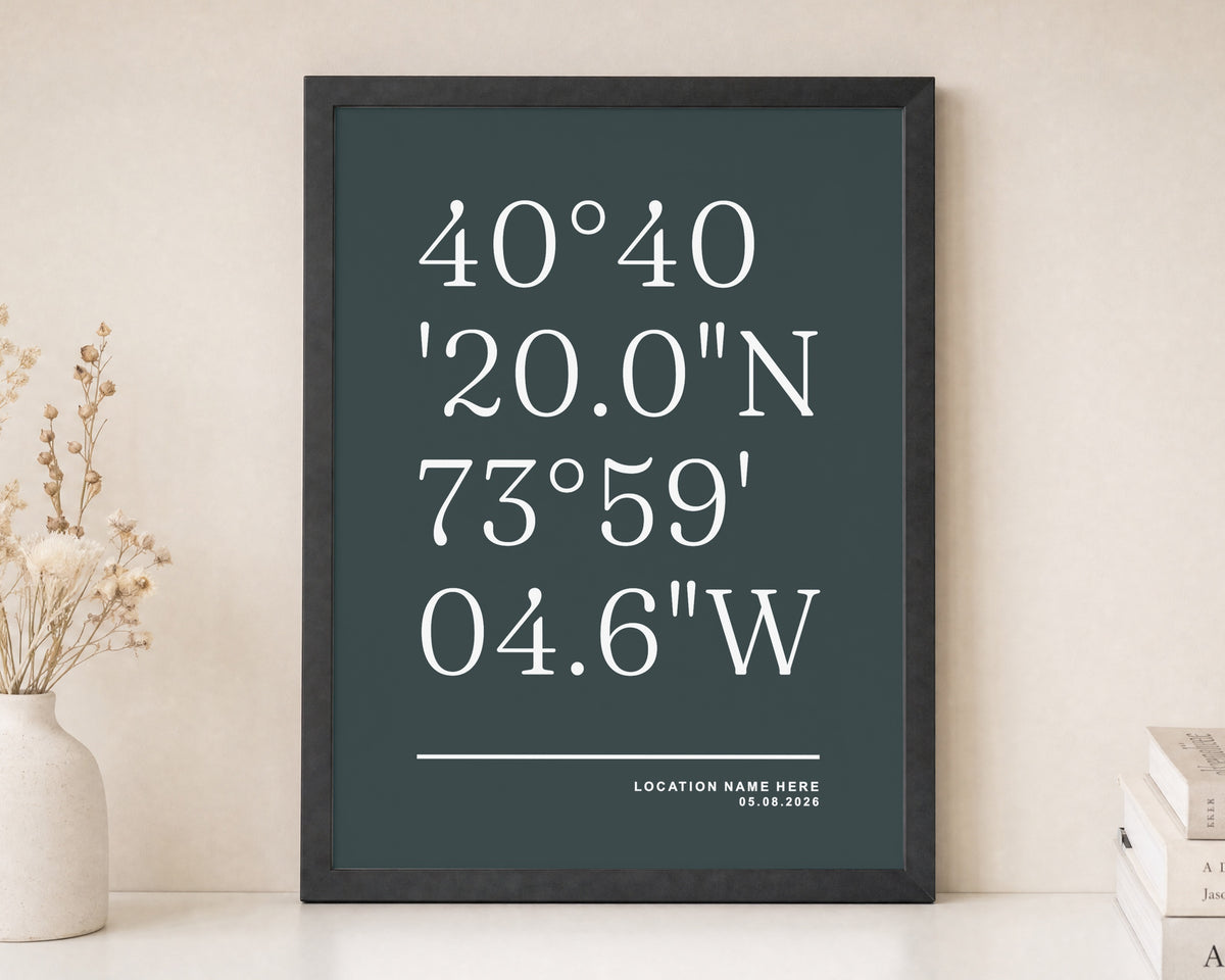 Personalised Coordinates Print, Teal Location Wall Art, Custom Date Print, New Home Gift, Wedding or Anniversary Gift