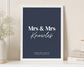 Personalised Mrs and Mrs Wedding Print, Navy Blue Wall Art, Lesbian Wedding Gift, Anniversary Gift, Bedroom Print