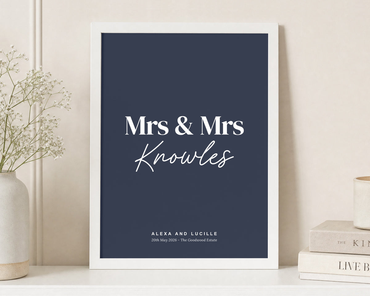 Personalised Mrs and Mrs Wedding Print, Navy Blue Wall Art, Lesbian Wedding Gift, Anniversary Gift, Bedroom Print