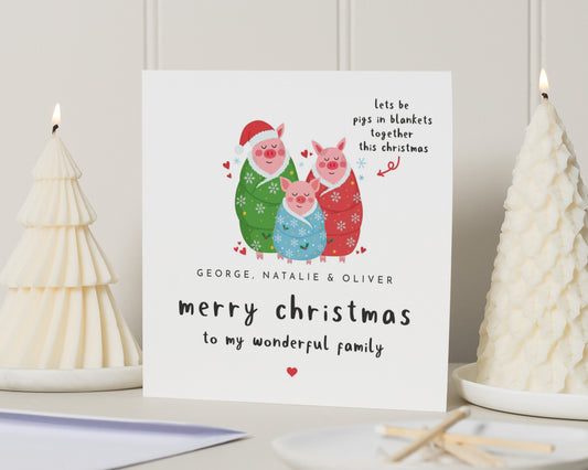Christmas Card for Family, Personalised Merry Christmas Card, Pigs in Blankets Card, Cute Christmas Card for Mum Dad Kids, Family Card