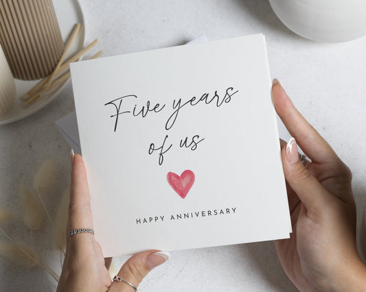 Anniversary Card, 5th Anniversary Card, 5 Year Anniversary Card, Five Years of Us Card, Card for Husband Wife Partner, Romantic Couple Card