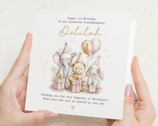 1st Birthday Card for Granddaughter, Personalised Granddaughter Birthday Card, Cute Animal Birthday Card, First Birthday Card for Girl