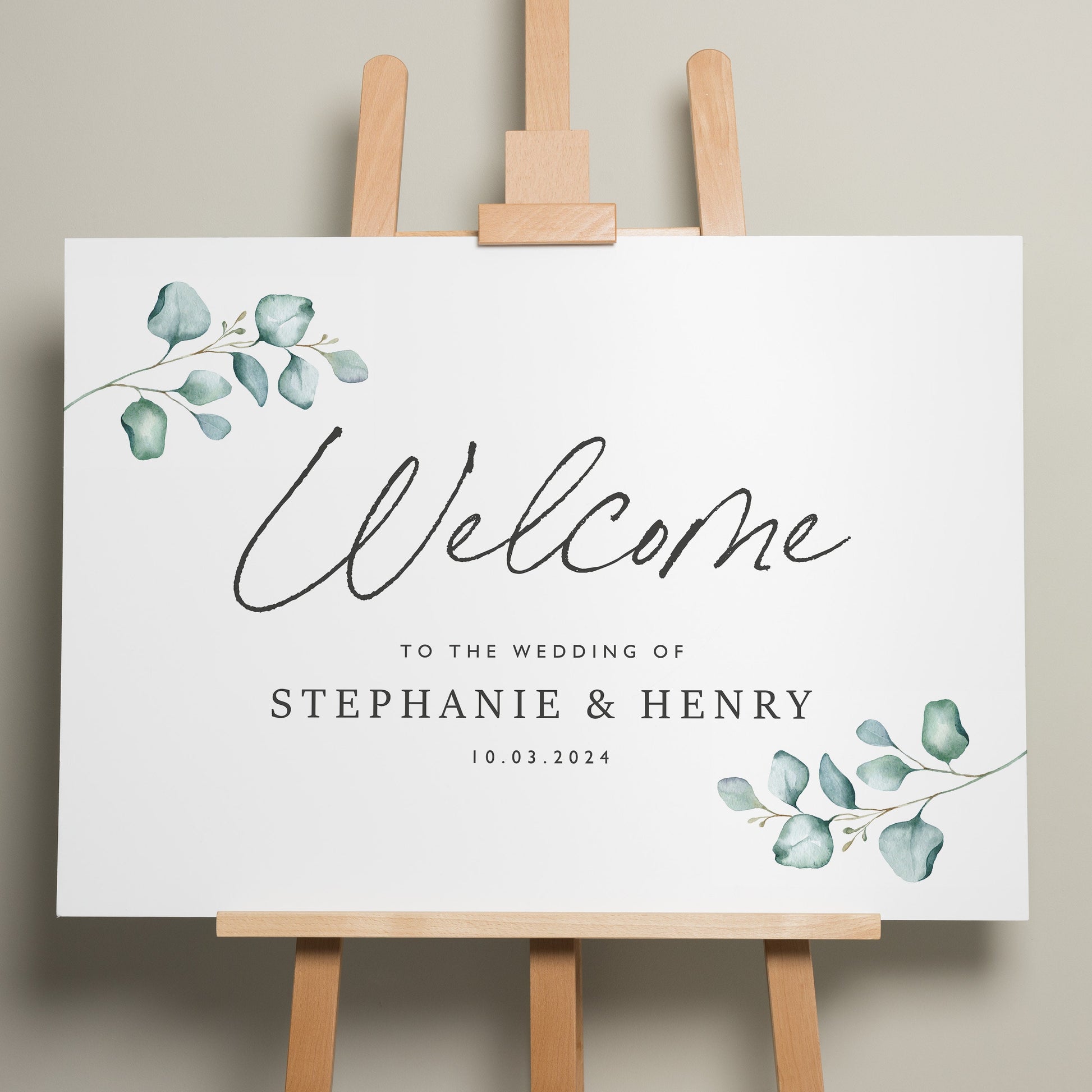 Greenery Wedding Ceremony Sign, Eucalyptus Welcome Sign, Wedding Welcome Sign, Personalised Welcome Sign, Foliage Wedding Design &#39;Stephanie&#39;