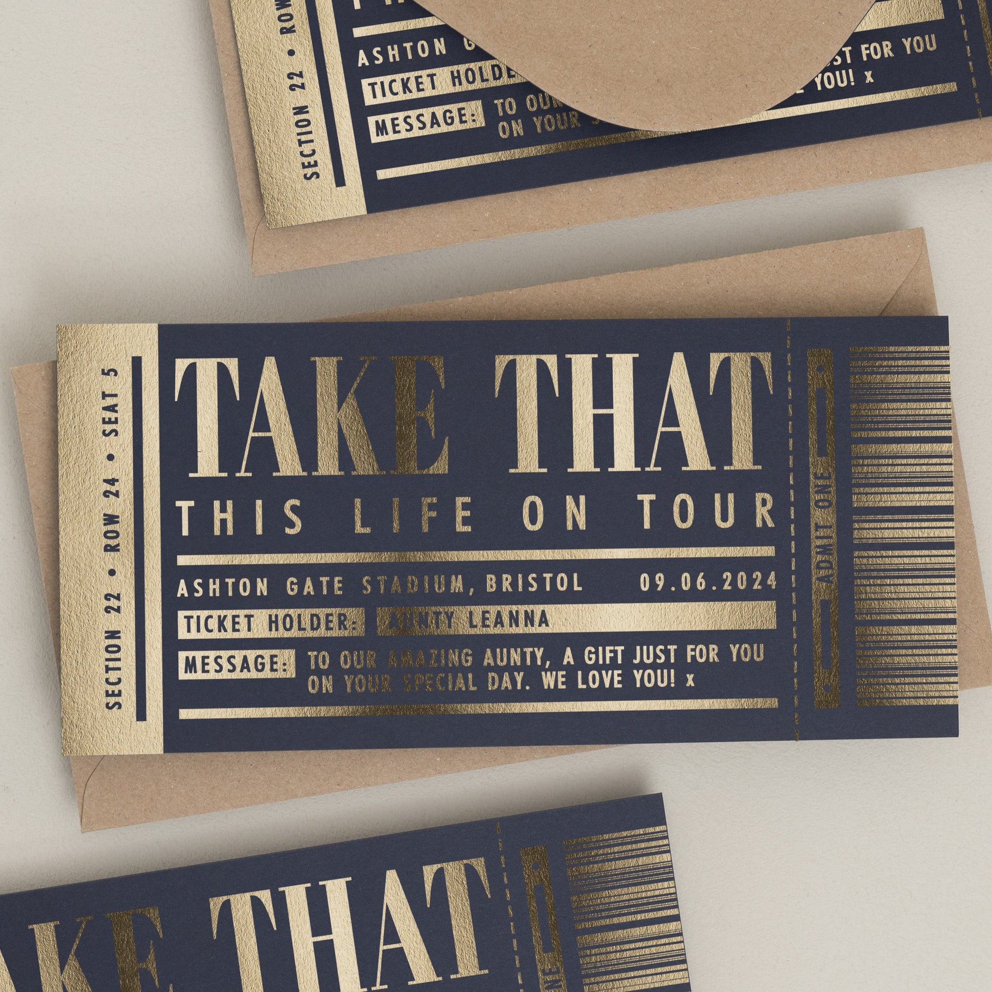 Personalised Gold Foil Gift Voucher, Take That Gig Ticket Gift Voucher, Foiled Concert Reveal, Take That Surprise Gig Ticket