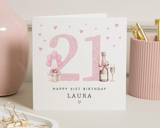 21st Birthday Card for Her, Personalised Birthday Card, Champagne Birthday Card, Birthday Card for Daughter, Pink Birthday Card