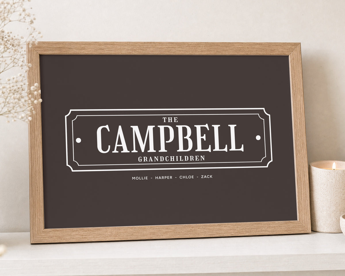 Personalised Grandchildren Print, Dark Brown Wall Art, Grandparents Gift, Family Name Print, Oak Framed Landscape Wall Art