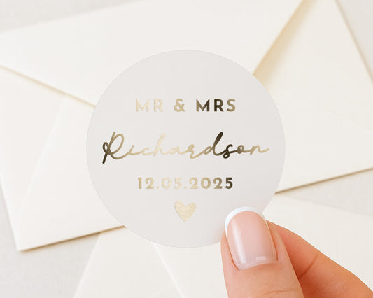 Personalised Wedding Sticker, Gold Foil Wedding Label, Custom Name Sticker, Envelope Seal, Wedding Favour Sticker, Mr And Mrs Sticker