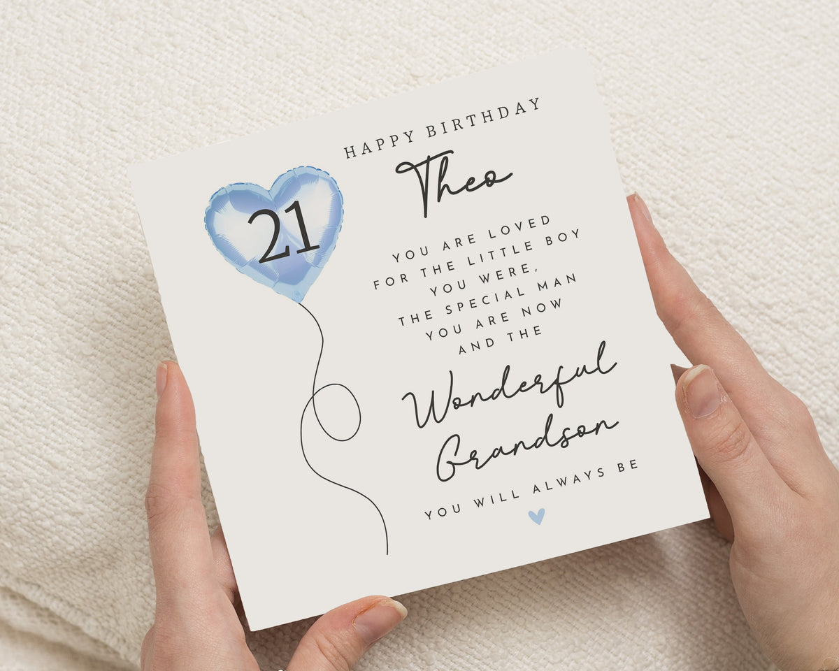 21st Birthday Card for Grandson, Personalised Grandson Birthday Card, 21st Birthday Cards for Him, Blue Balloon Birthday Card