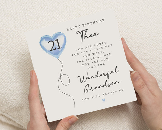 21st Birthday Card for Grandson, Personalised Grandson Birthday Card, 21st Birthday Cards for Him, Blue Balloon Birthday Card