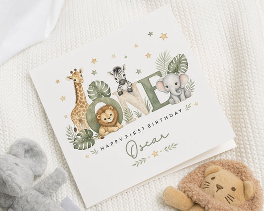 1st Birthday Card, First Birthday Card, Personalised Birthday Card, Safari Birthday Card, Jungle Animal Birthday Card for Boy or Girl