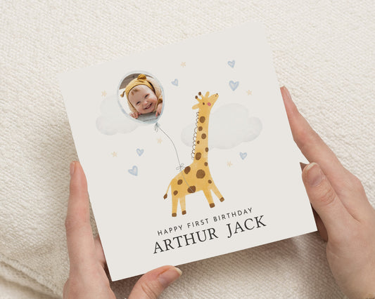 1st Birthday Card, First Birthday Card, Personalised Photo Birthday Card, Giraffe Birthday Card, Safari Birthday Card for Boy