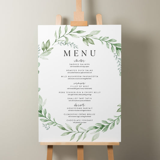 Greenery Wedding Food Menu Sign, Menu Wedding Sign, Guests Menu For Wedding Sign, Minimalist Wedding Signage, Foliage Design &#39;Amelia&#39;