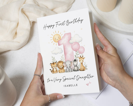 First Birthday Card for Daughter, 1st Birthday Card for Girl, Personalised Birthday Card, Safari Birthday Card, Cute Birthday Cards