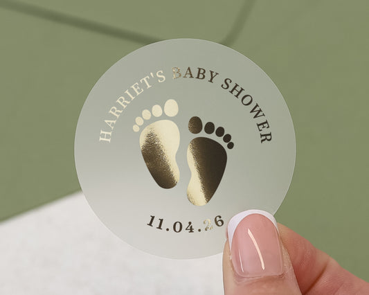 Baby Shower Sticker, Personalised Baby Shower Sticker, Gold Foil Baby Shower Label, Custom Baby Shower Favour Sticker