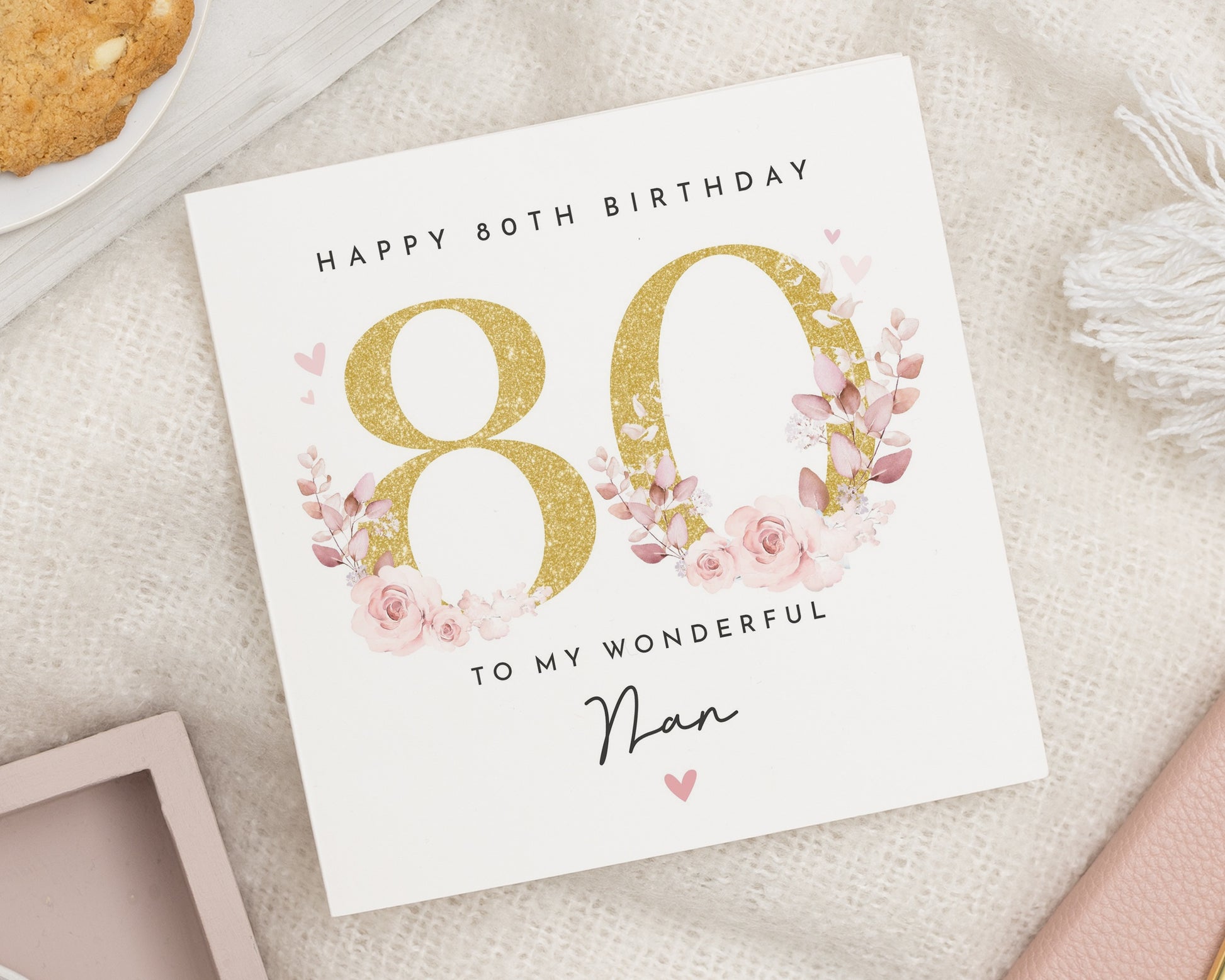 80th Birthday Card for Nan, Floral Birthday Card for Grandma, Personalised Nan Birthday Card, Pink Flower Birthday Card for Her