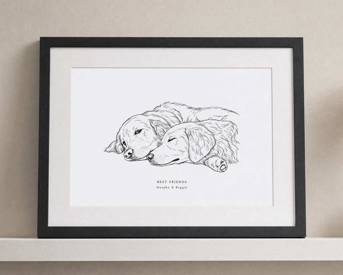 Personalised Pet Portrait Print, Dog Line Art Wall Art, Best Friends Print, Gift for Dog Owner, Landscape Black Framed Print