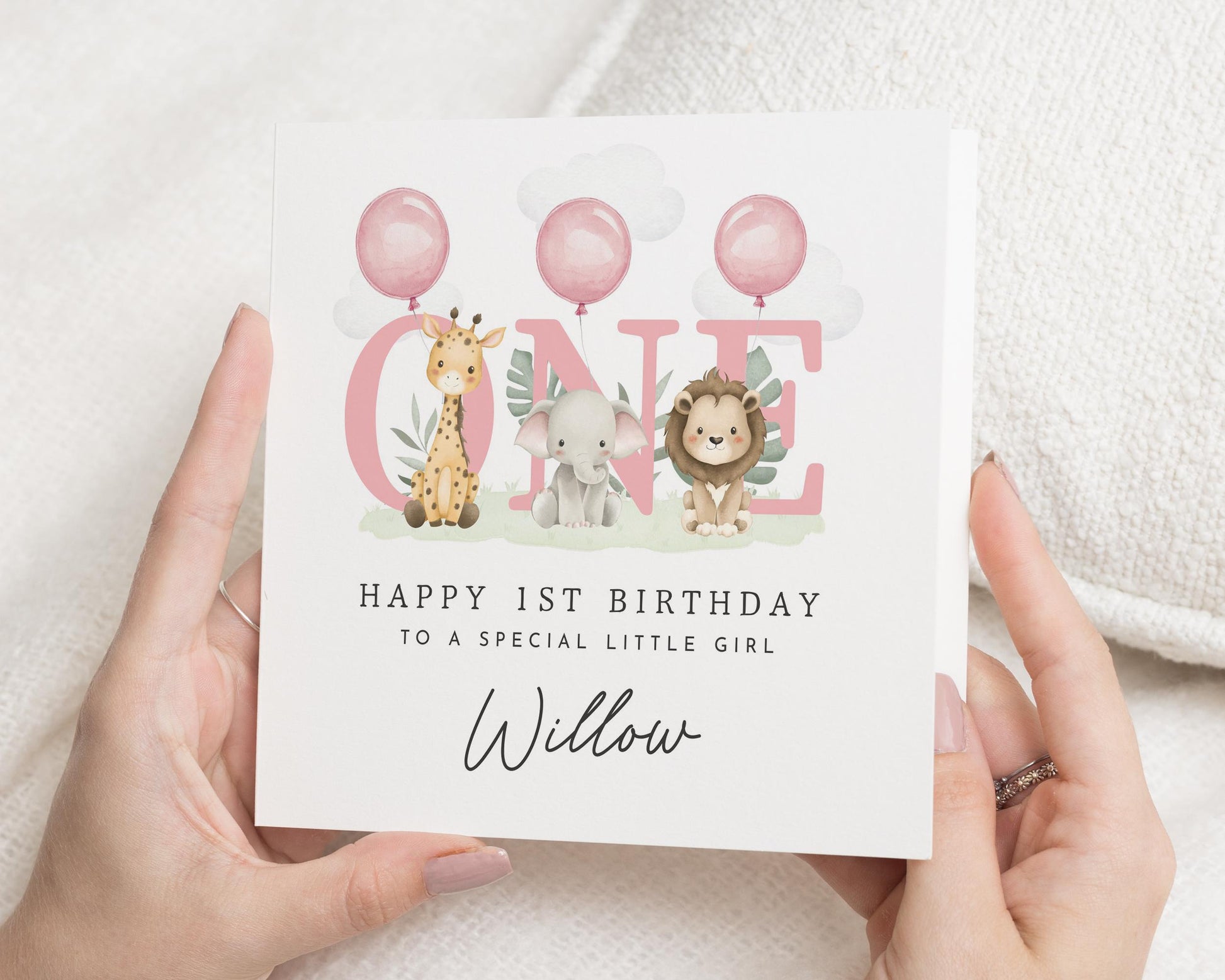 1st Birthday Card for Girl, Personalised Safari Birthday Card, First Birthday Card for Daughter, Cute Animal Birthday Card