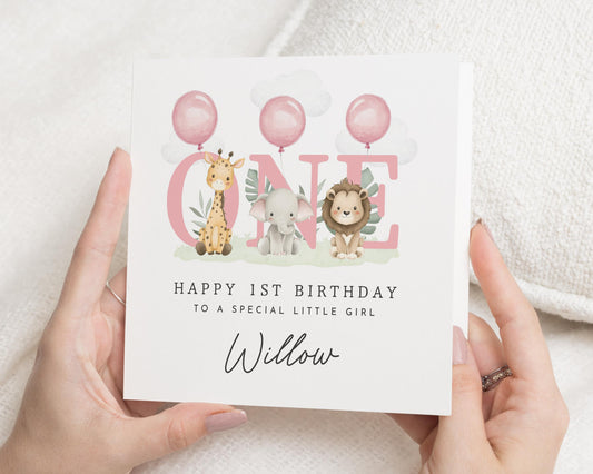 1st Birthday Card for Girl, Personalised Safari Birthday Card, First Birthday Card for Daughter, Cute Animal Birthday Card