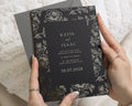 Gold Foil Floral Wedding Invitations, Black Botanical Wedding Invite, Elegant Personalised Invitation with Charcoal Grey Envelope