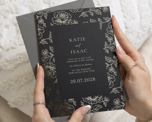 Gold Foil Floral Wedding Invitations, Black Botanical Wedding Invite, Elegant Personalised Invitation with Charcoal Grey Envelope